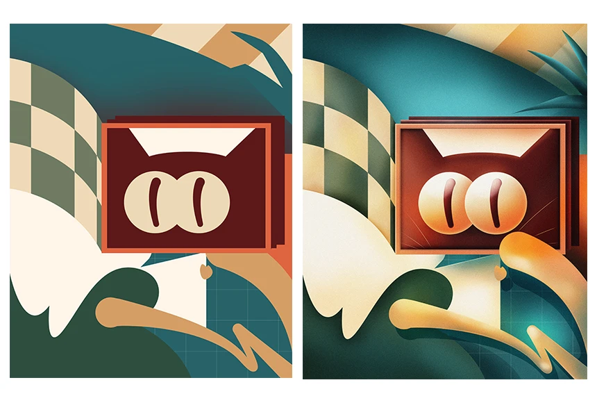 Poster before and after adding volume, shadows and light