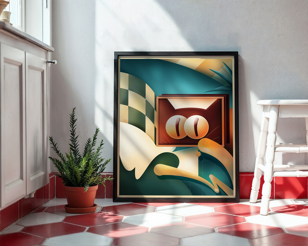 Framed cat poster final result in an interior space