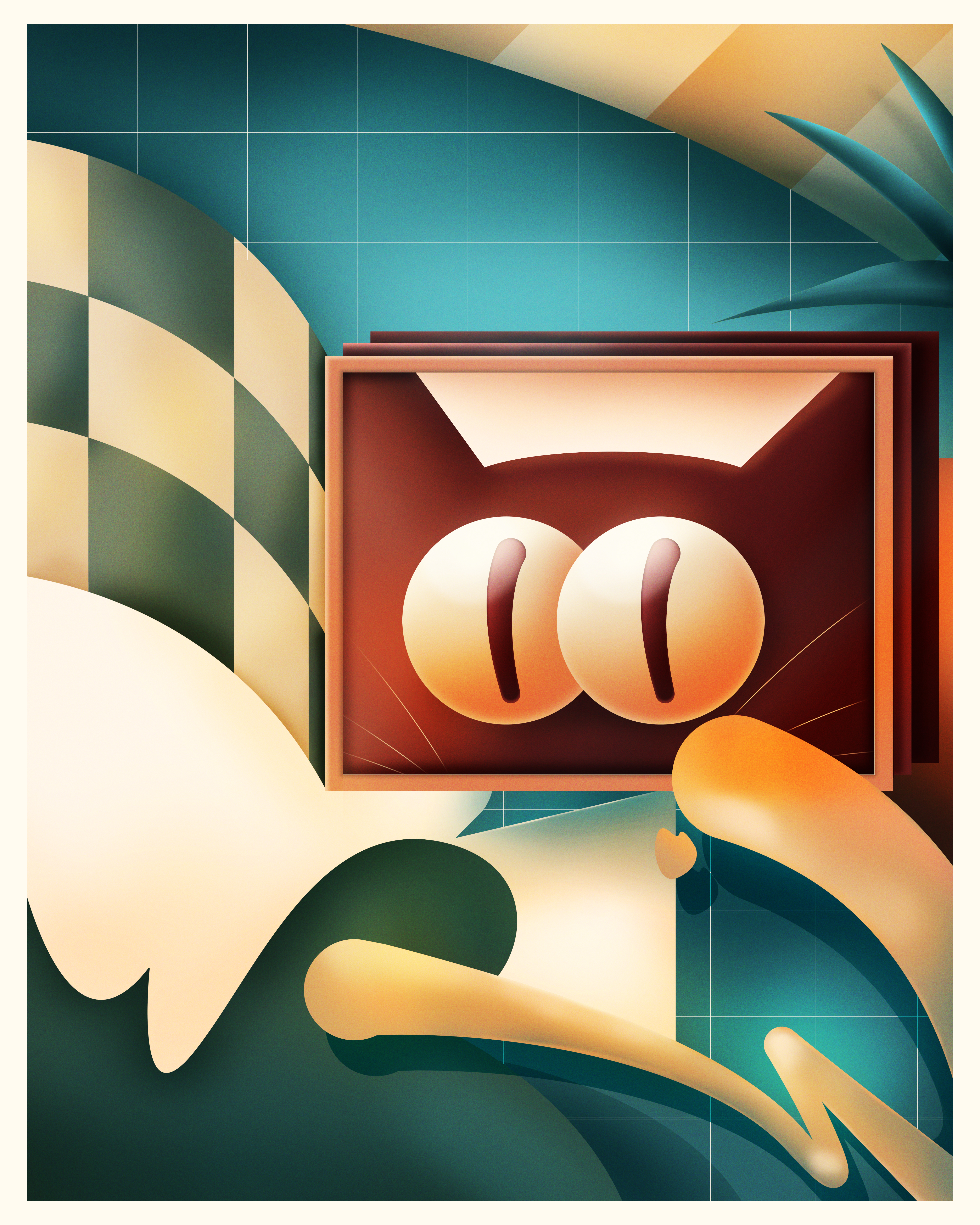 Framed cat print illustration by Adrián Balastegui