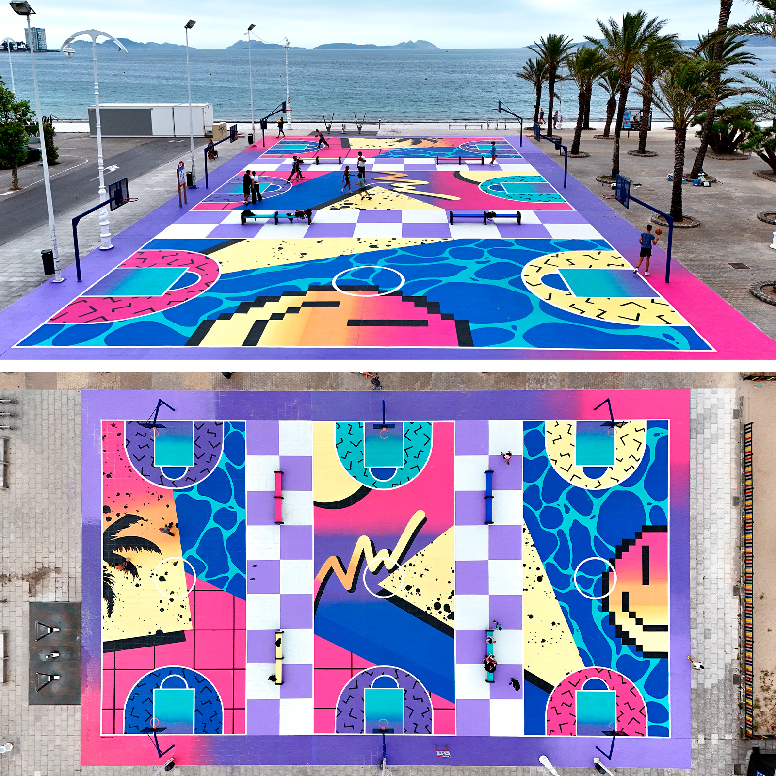 Final aerial result of the Samil basketball court mural in Vigo