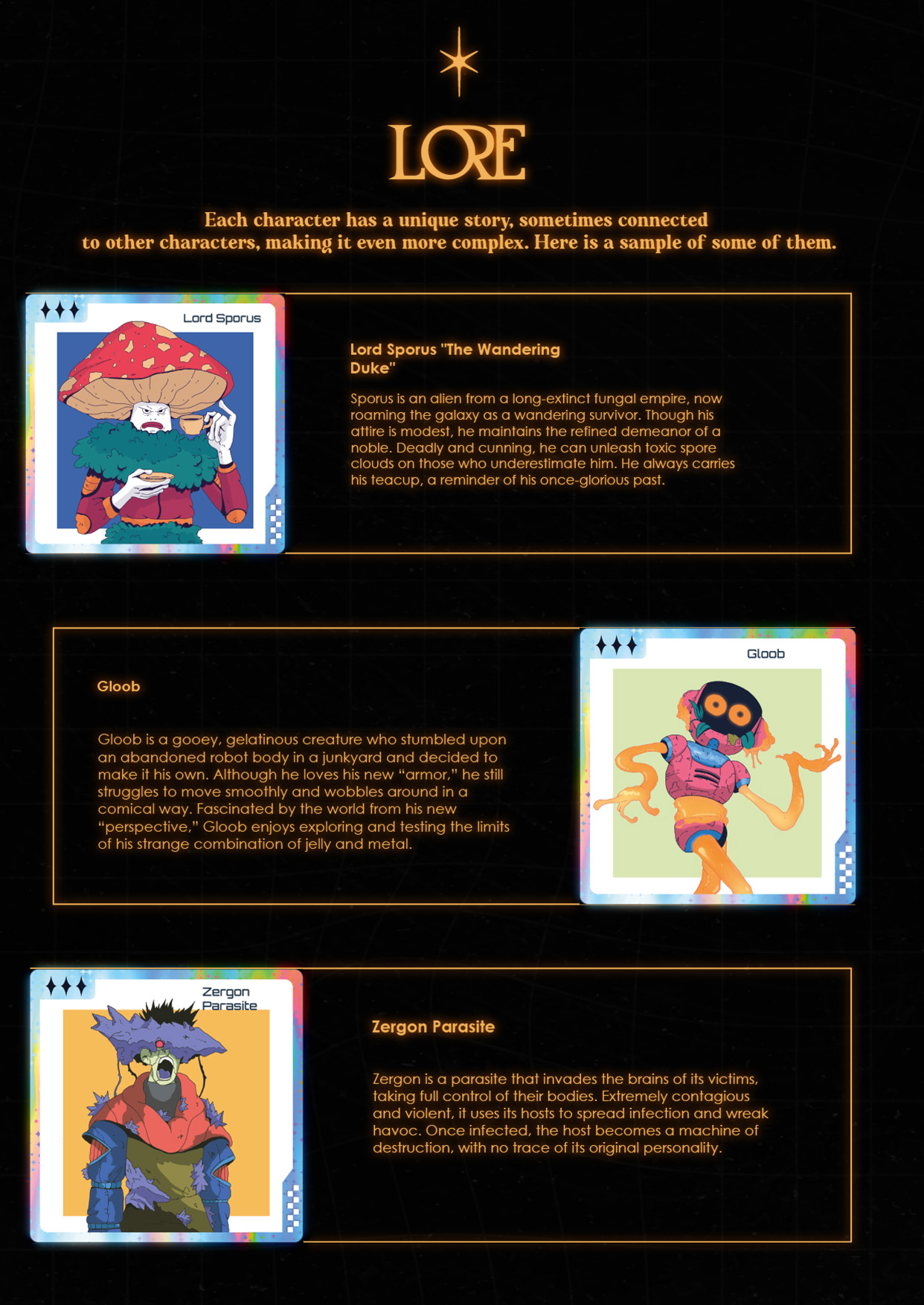 Lore cards for Starlight Echoes characters