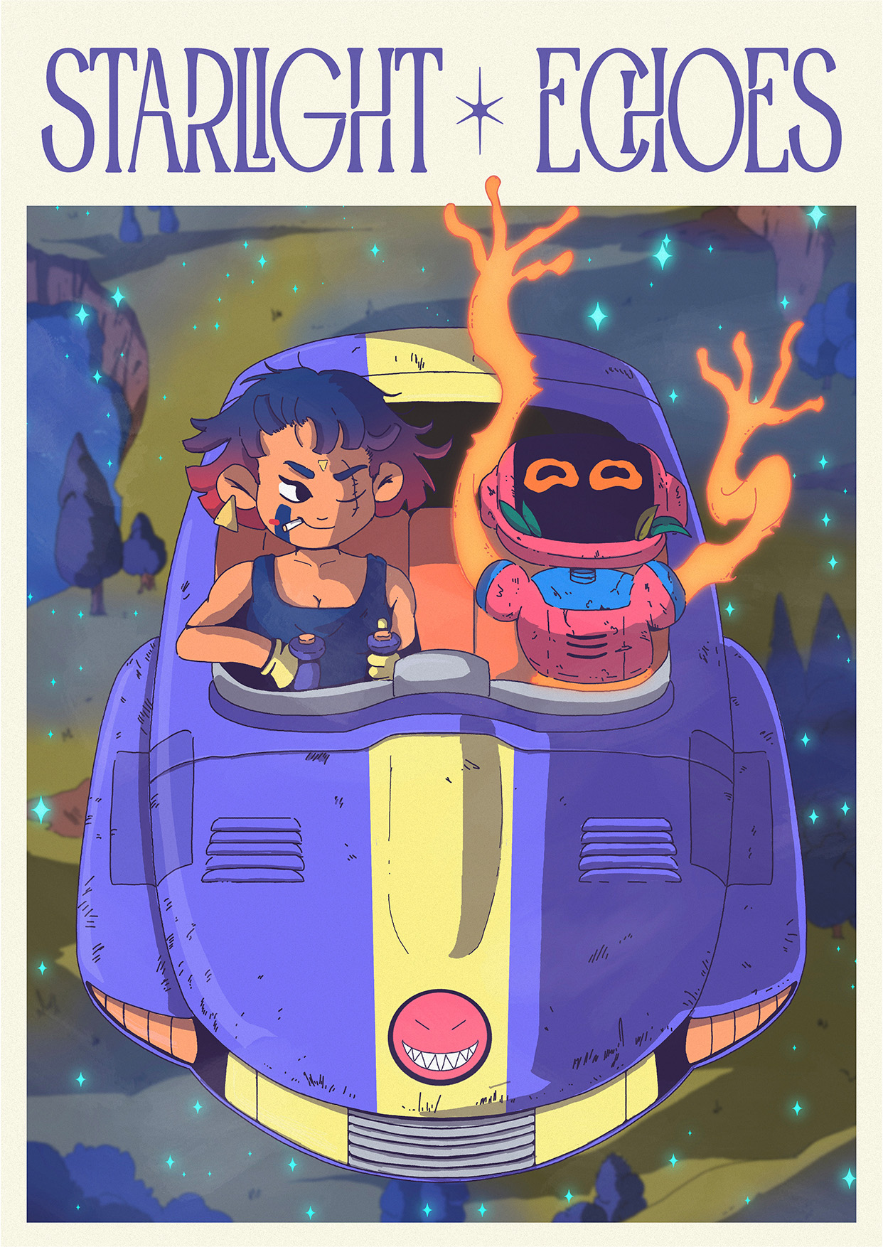 Starlight Echoes promotional illustration with two characters in a vehicle