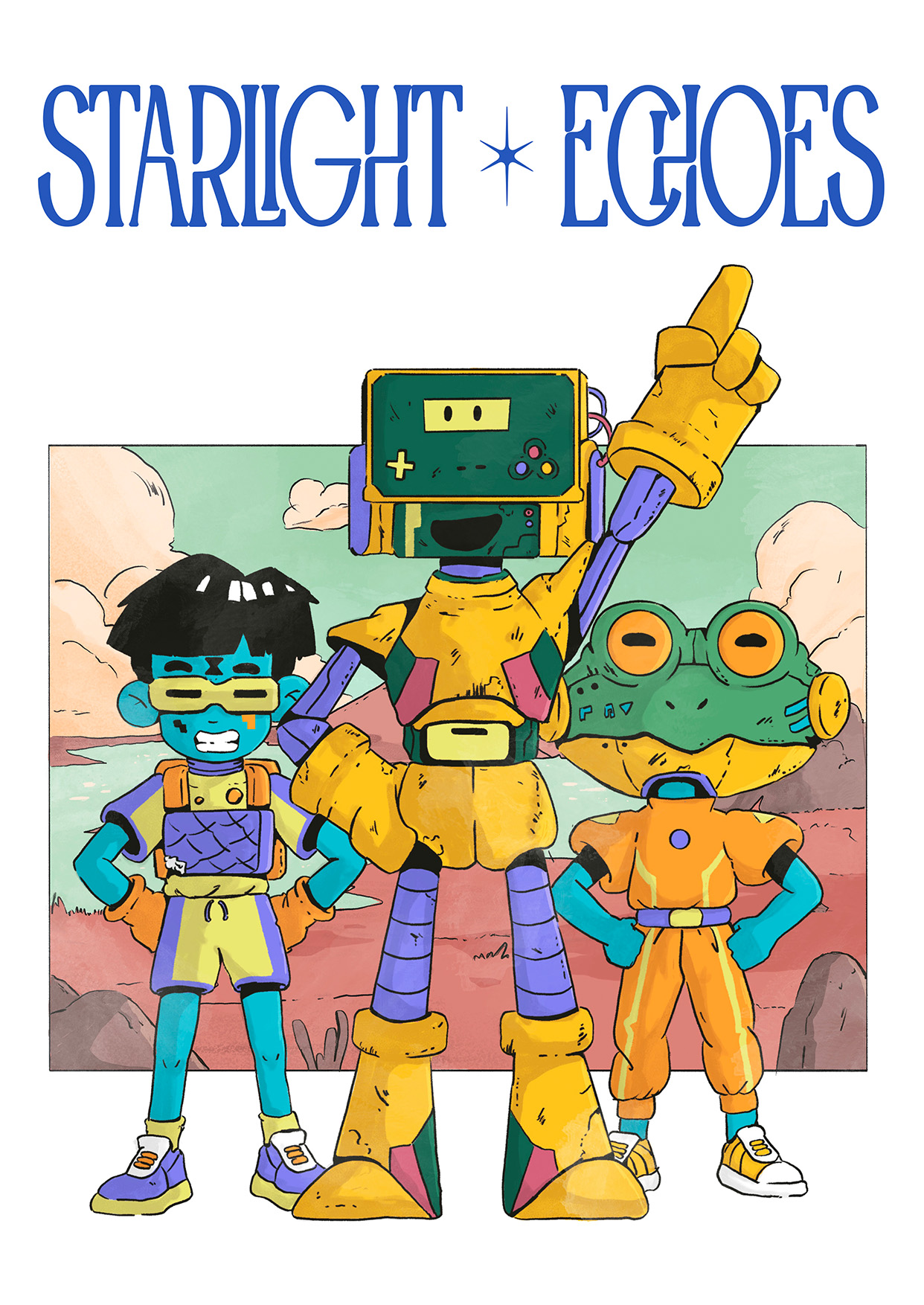 Starlight Echoes promotional illustration with three robot characters